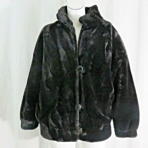 Vintage I Magnin Black Faux fur Fuzzy Jacket M Satin Lined